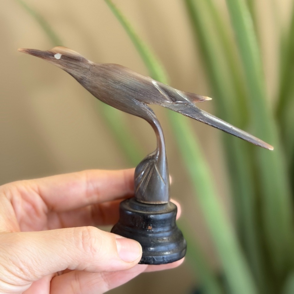 Vintage Hand Carved Horn Bird Figurine on Wood Base